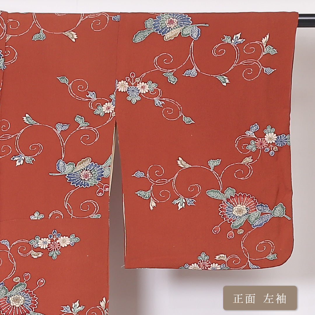 小紋 袷 身丈154cm 裄丈63cm 正絹 Bランク Sサイズ 広衿 インフォーマル ちりめん 唐菊 牡丹 朱系 1215-01894