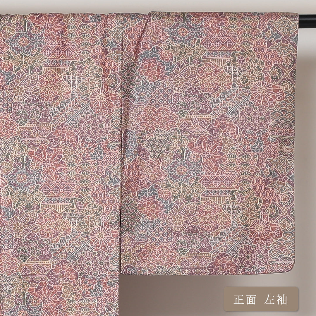 小紋 袷 身丈160cm 裄丈64cm 正絹 Sランク インフォーマル 広衿 Lサイズ 更紗 花柄 可憐 オリエンタル ピンク系 RP 1221-01603