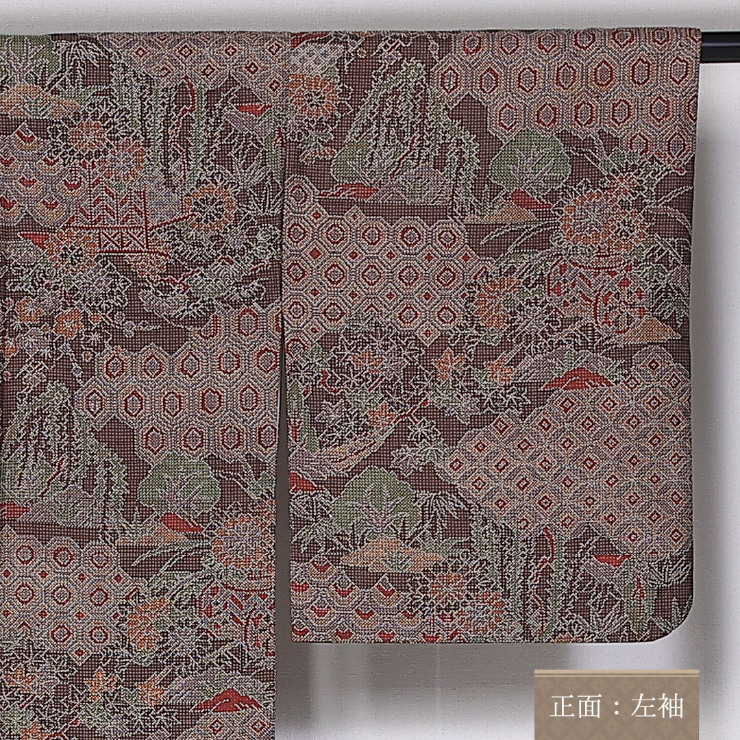 大島紬 袷 身丈165cm 裄63.5cm 正絹 吉祥文様 菊 茶系 Aランク 1216-01408