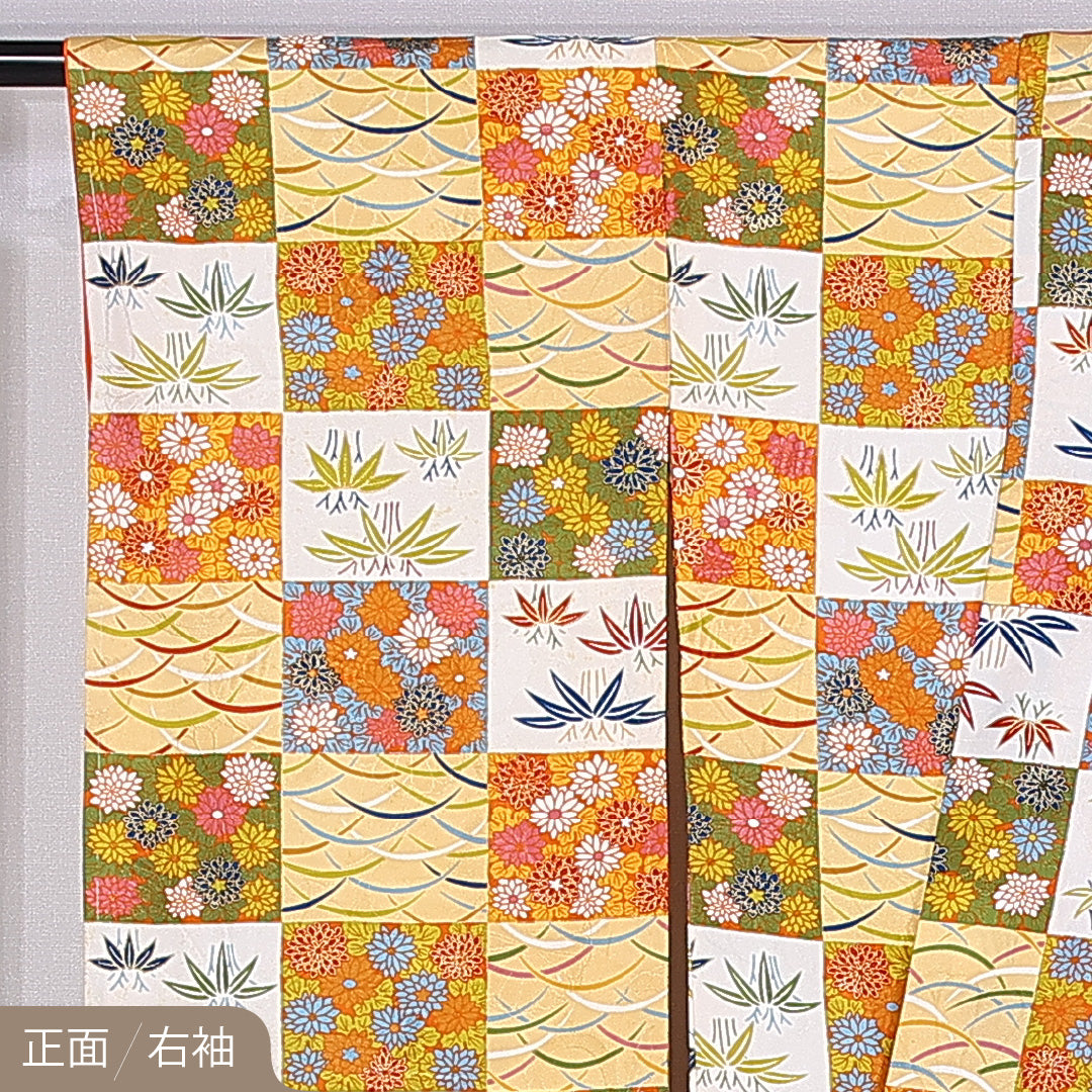 振袖 身丈158cm 裄丈63.5cm 袷 正絹 Bランク 広衿 市松模様 芝草 竹 菊 1213-F0396