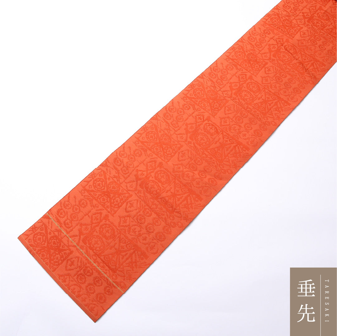 八寸名古屋帯 Sランク 帯丈339cm 正絹 全通 松葉仕立て 織り カジュアル ペルシャ文様 朱系 GP 1245-02478