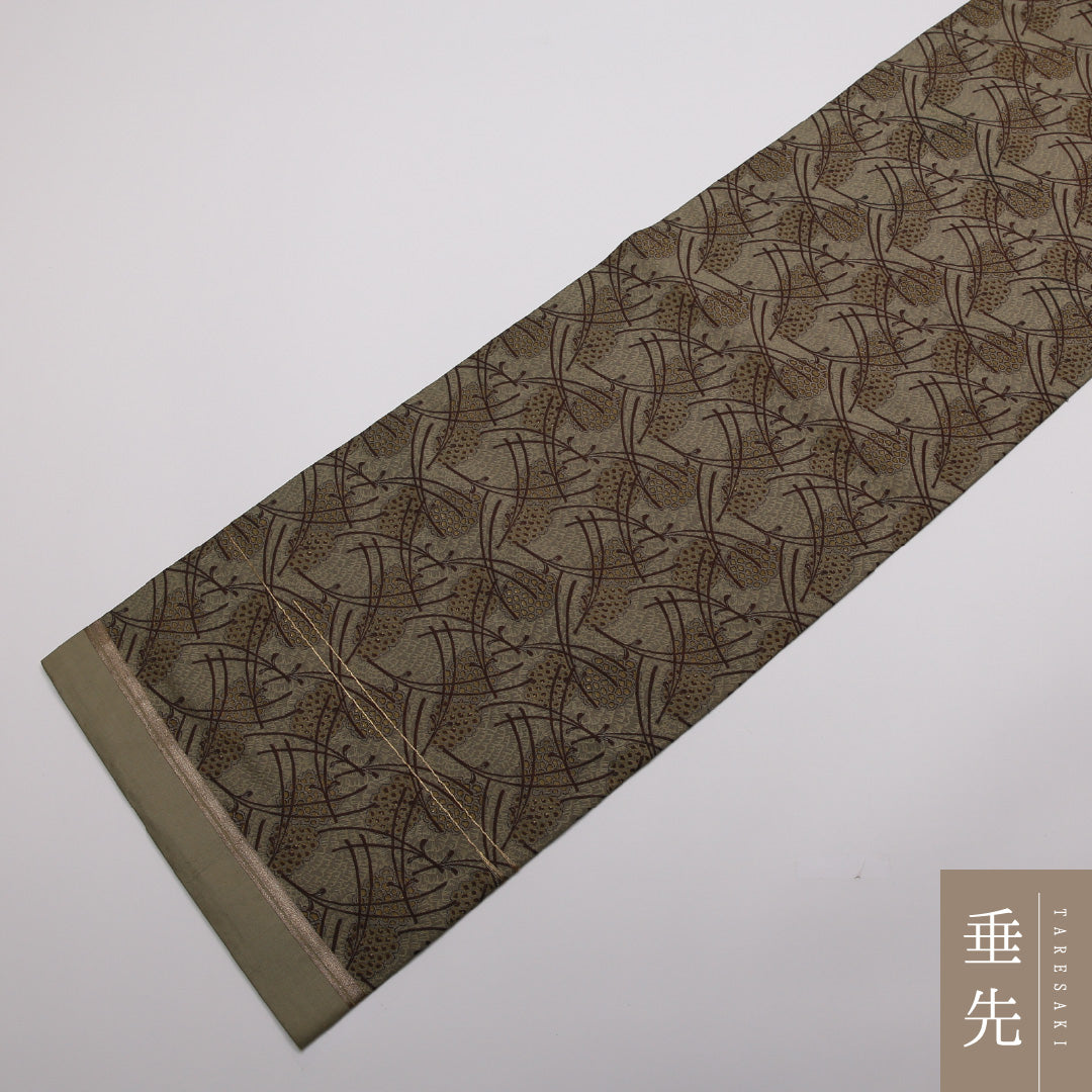 アンティーク 丸帯 帯丈406cm 正絹 全通 松ぼっくり 松葉 緑系 茶系 1242-01358