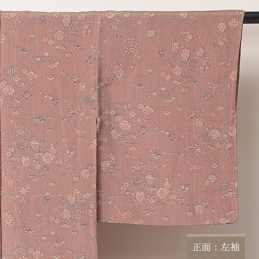 小紋 単衣 身丈151cm 裄60.5cm 正絹 鉄瓶 棗 茶系 ちりめん Sランク 1215-02185