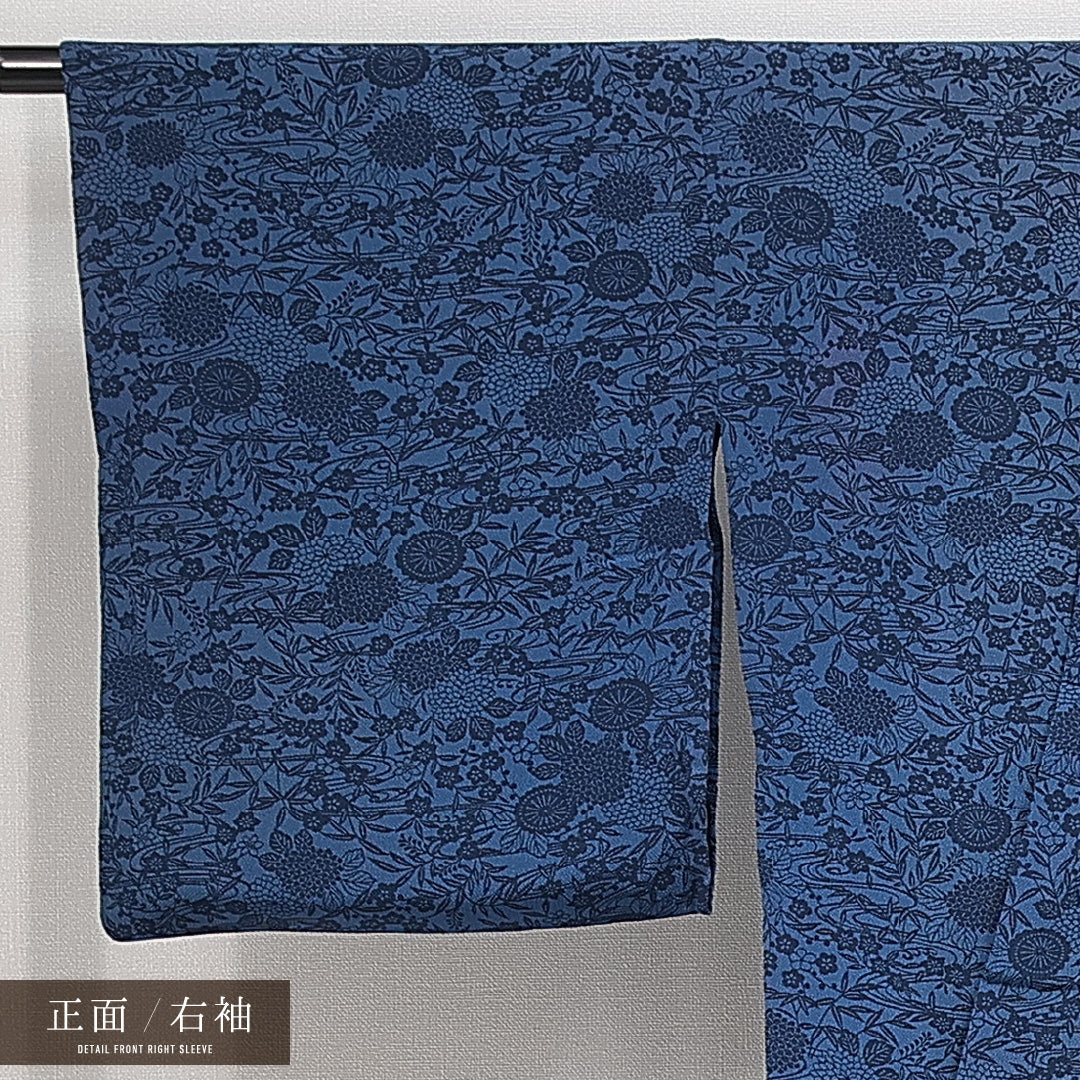 小紋 洗える着物 単衣 身丈160cm 裄丈64cm ポリエステル Cランク Lサイズ 広衿 インフォーマル 古典柄 青系 1215-14803