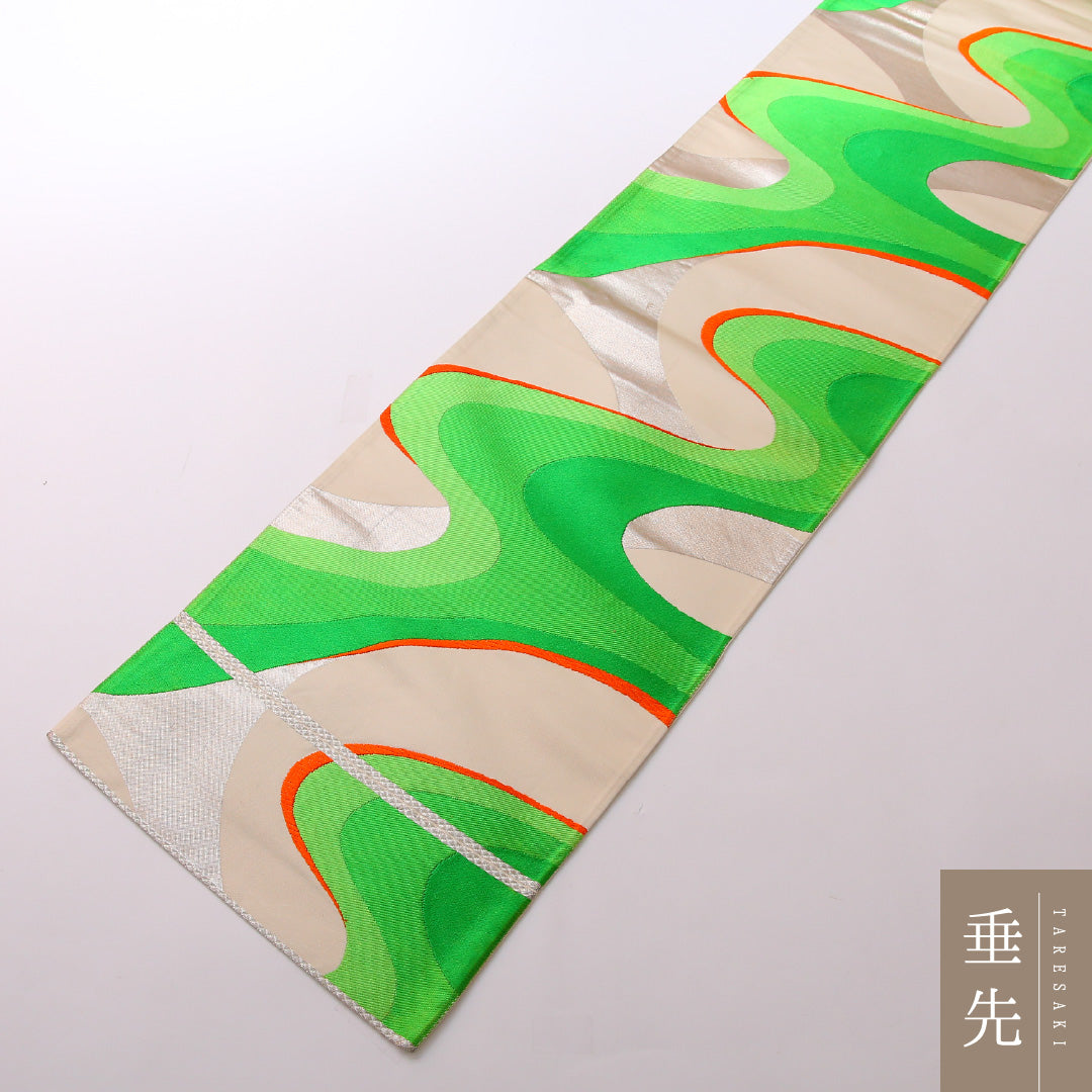 袋帯 帯丈412cm 六通 セミフォーマル Cランク 正絹 綴れ織 流水 レトロ 爽やか 白系 1223-01664