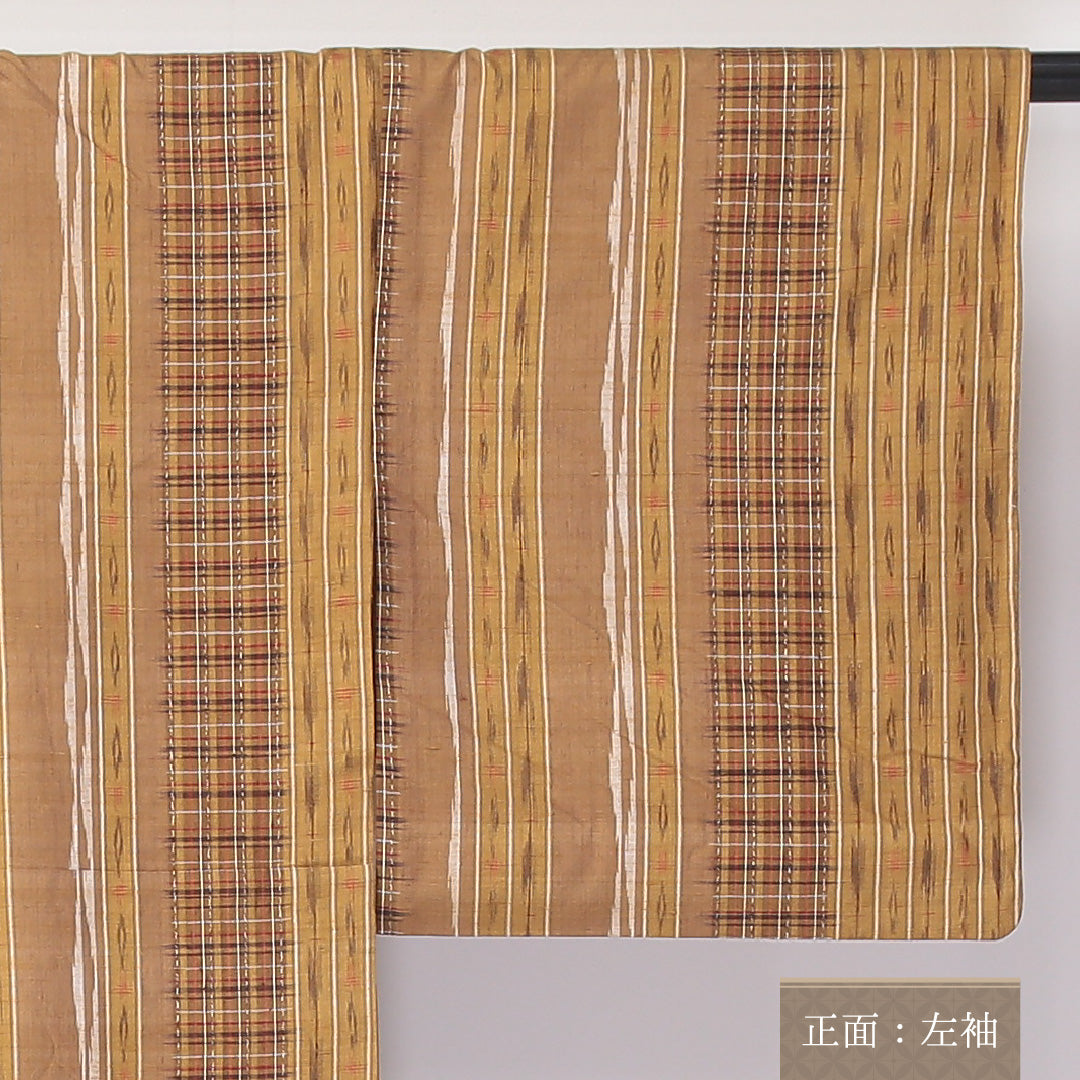 真綿紬 単衣 身丈160cm 裄丈63cm 正絹 Sランク カジュアル 広衿 Lサイズ 縞 黄系 RP 1223-03544