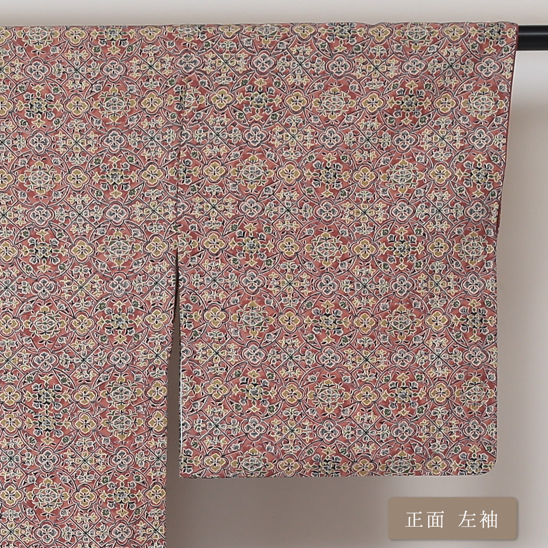 小紋 袷 身丈153cm 裄丈65cm 正絹 Sランク インフォーマル 広衿 Sサイズ 更紗 幾何学柄 茶系 RP 1221-01478