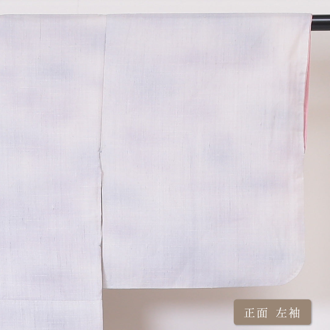 訪問着 (牛首紬) 袷 身丈157cm 裄丈63cm 正絹 Bランク 一つ紋 (片喰) インフォーマル 広衿 Mサイズ ぼかし染 遠山 牡丹 萩 紫系 M4 1217-03223