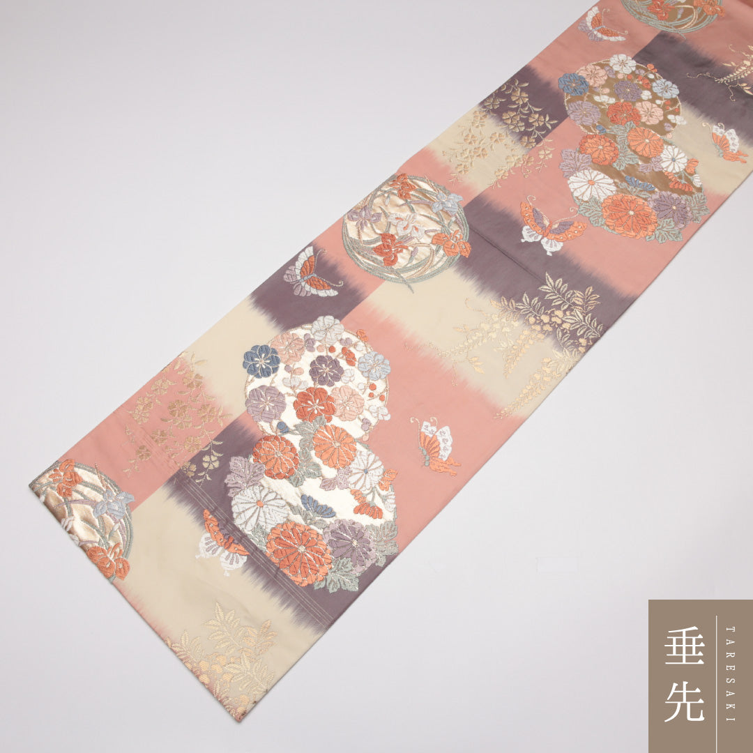 振袖用 袋帯 帯丈428cm 正絹 六通 蝶 市松 丸文 ピンク系 1243-01126
