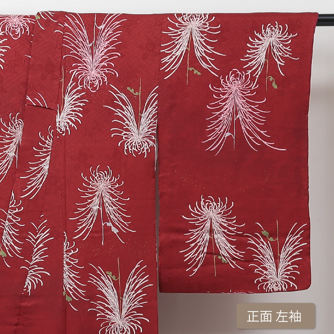 アンティーク 小紋 (錦紗) 袷 身丈145cm 裄丈62cm 正絹 Aランク バチ衿 XSサイズ 菊 赤系 RP 1221-01328