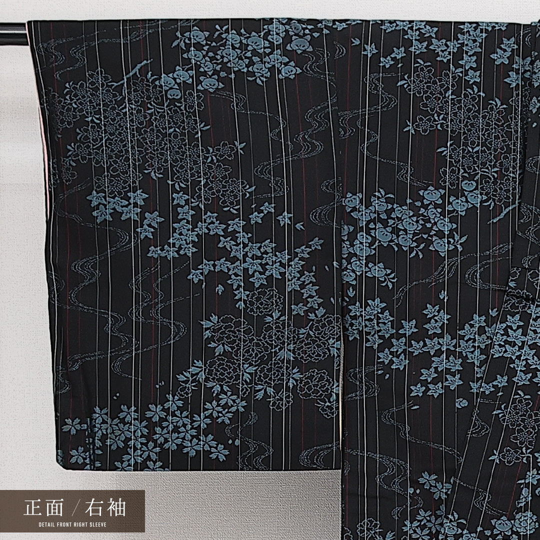 アンティーク お召 袷 身丈150cm 裄丈60cm 正絹 Aランク バチ衿 Sサイズ 流水 花柄 黒系 RP 1222-14314
