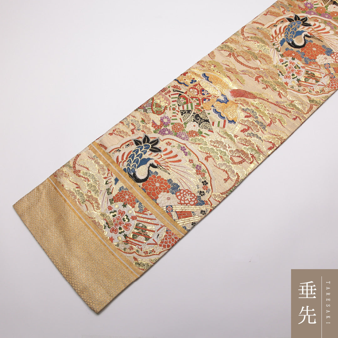 アンティーク 丸帯 帯丈416cm 正絹 全通 松鶴 御所解 金系 1242-01341