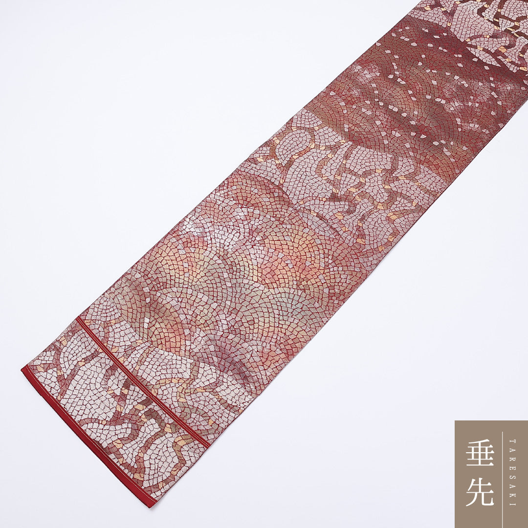 袋帯 帯丈420cm 六通 モダン カジュアル 赤系 正絹 Aランク 1223-00974