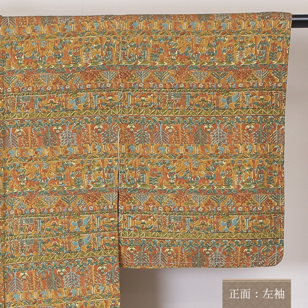 小紋 袷 身丈150cm 裄丈63cm 正絹 Sランク インフォーマル バチ衿 Sサイズ 更紗 コプト文様 黄系 RP 1221-02016