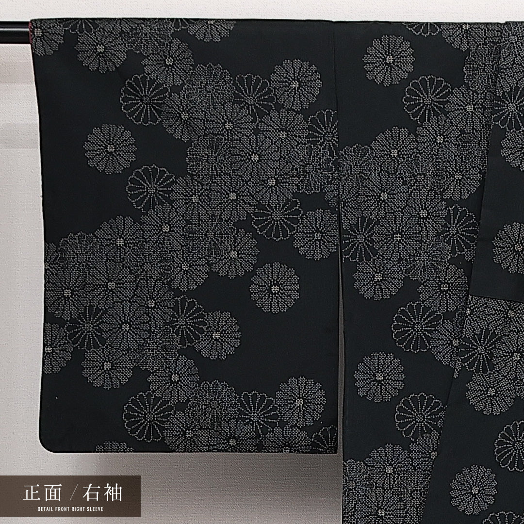 大島紬 袷 身丈162cm 裄丈62cm 正絹 Aランク インフォーマル 広衿 Lサイズ 菊 黒系 RP 1223-14102
