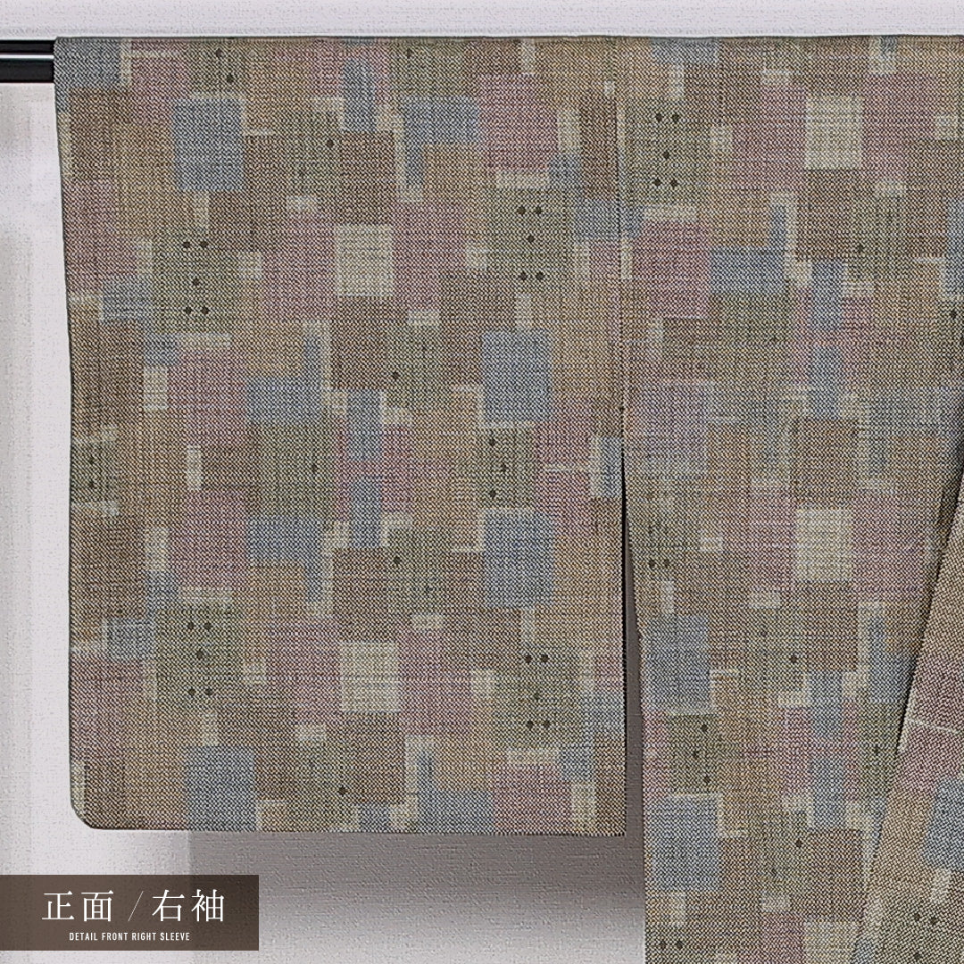 大島紬 単衣 身丈154cm 裄丈61cm 正絹 Sランク インフォーマル 広衿 Sサイズ 経緯絣 創作柄 緑系 RP 1223-11042