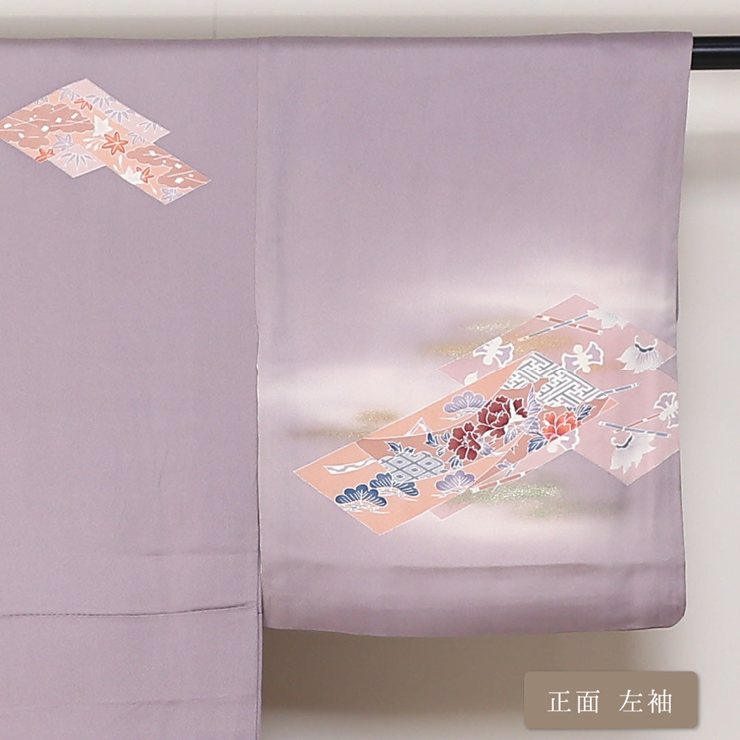 訪問着 袷 身丈154cm 裄丈63cm 正絹 Aランク セミフォーマル 広衿 Sサイズ ぼかし染 金彩 鶴 吉祥文様 紫系 RP 1217-04408
