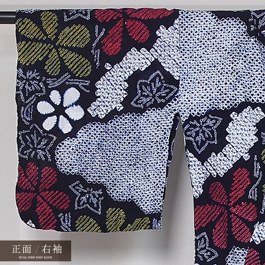 夏物 洗える着物 木綿の有松鳴海絞 (有松鳴海絞) 夏物 身丈148cm 裄丈66cm 木綿 Bランク カジュアル バチ衿 XSサイズ 居敷当て 紅葉 青系 M4 1225-12121