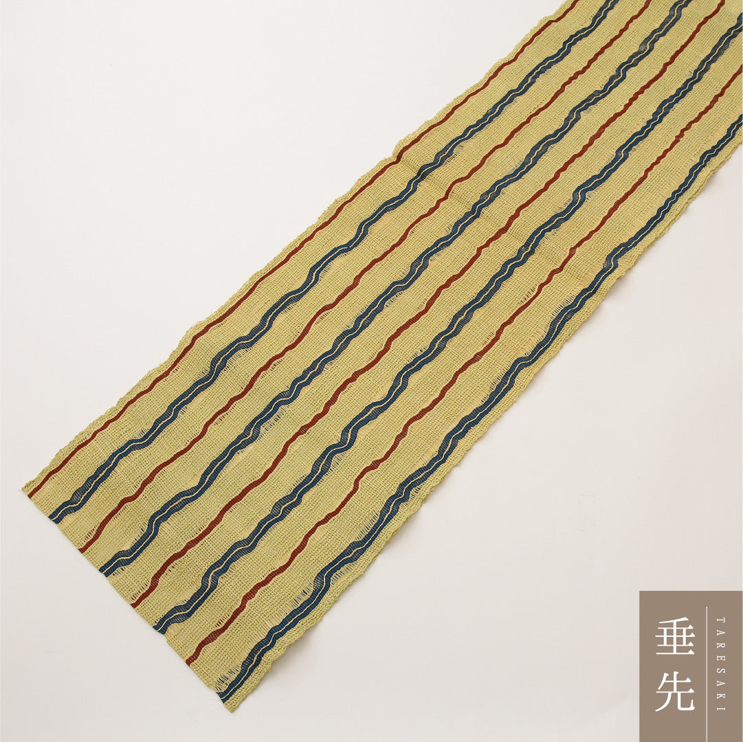 八寸名古屋帯 (夏帯) Bランク 帯丈337cm 正絹 全通 松葉仕立て 織り カジュアル よろけ縞 緑系 RP 1245-02017