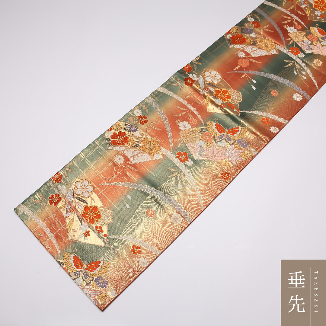振袖用 袋帯 帯丈422cm 正絹 六通 唐織 花扇 蝶 赤系 緑系 1243-01039