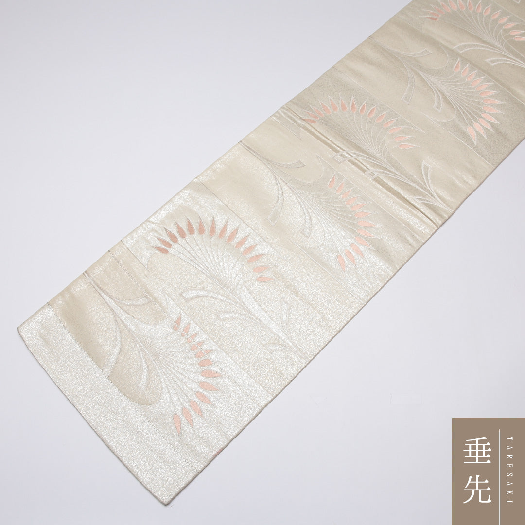 袋帯 帯丈426cm 正絹 六通 セミフォーマル 創作柄 銀箔 クリーム系 銀系 1243-01279