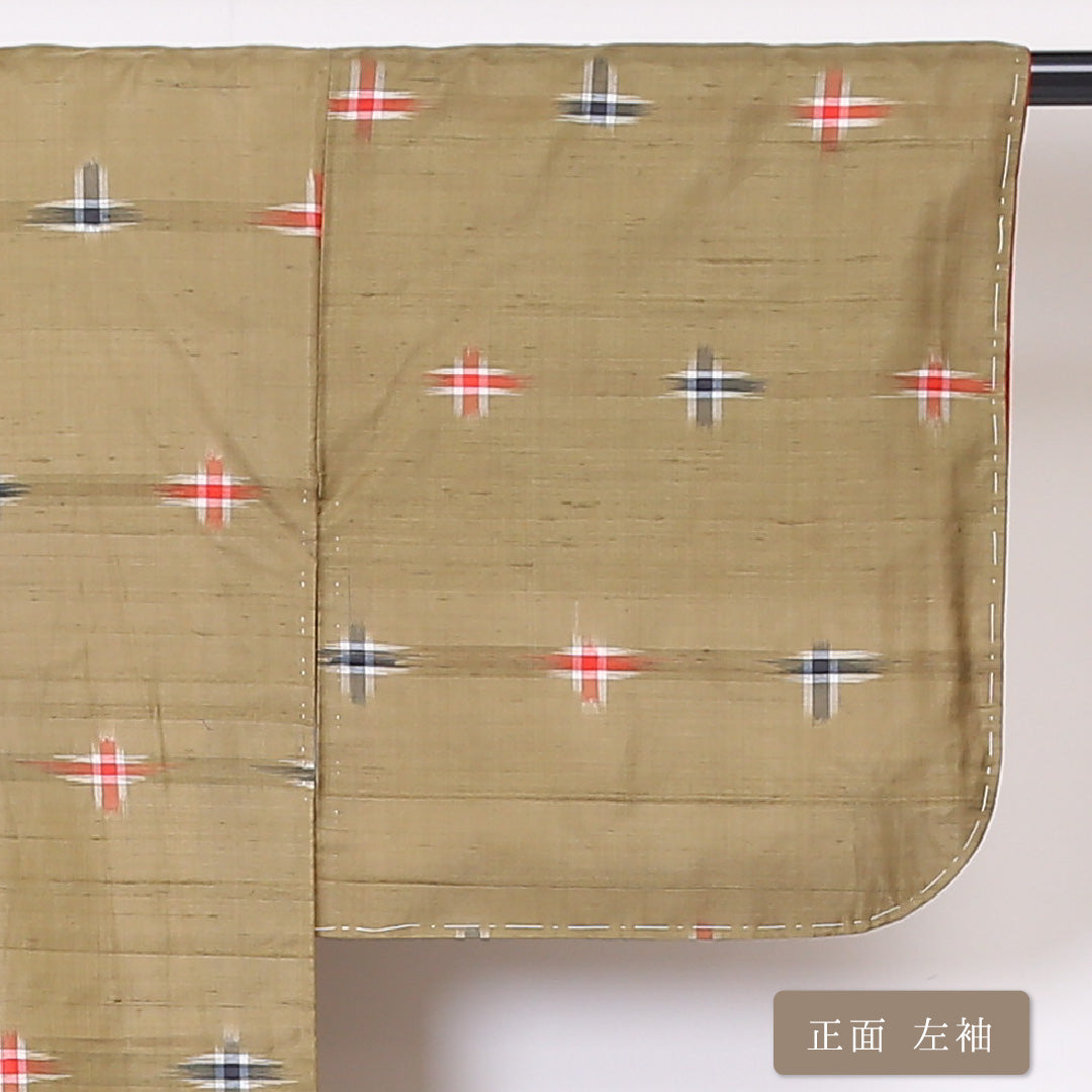 アンティーク 銘仙の着物 袷 身丈149cm 裄丈62cm 正絹 Bランク バチ衿 XSサイズ 十字絣 茶系 RP 1223-03276