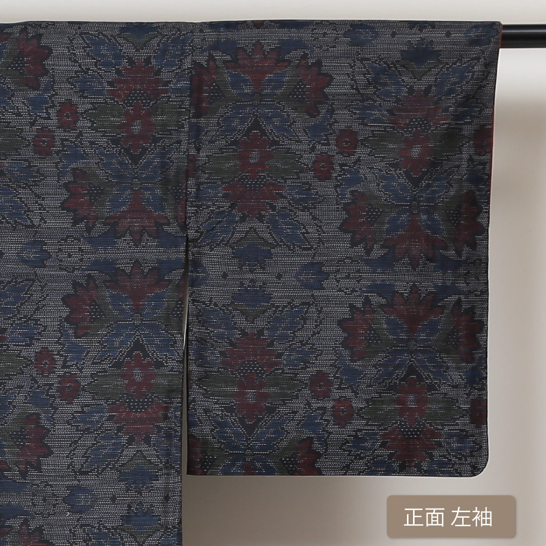 大島紬 袷 身丈156cm 裄丈64cm 正絹 Sランク インフォーマル 広衿 Mサイズ 緯総絣 花柄 植物柄 紺系 RP 1223-03013
