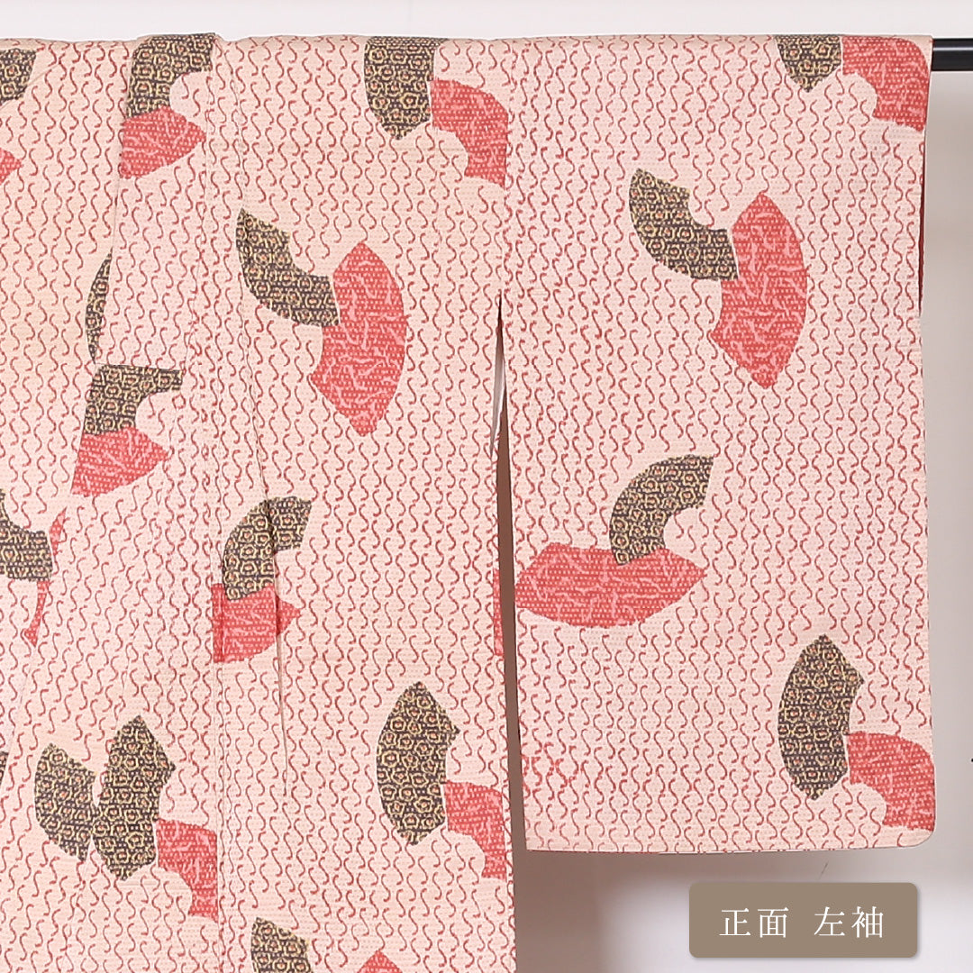 紬 袷 身丈152cm 裄丈65cm 正絹 Aランク Sサイズ バチ衿 カジュアル 扇 朱系 1216-03329