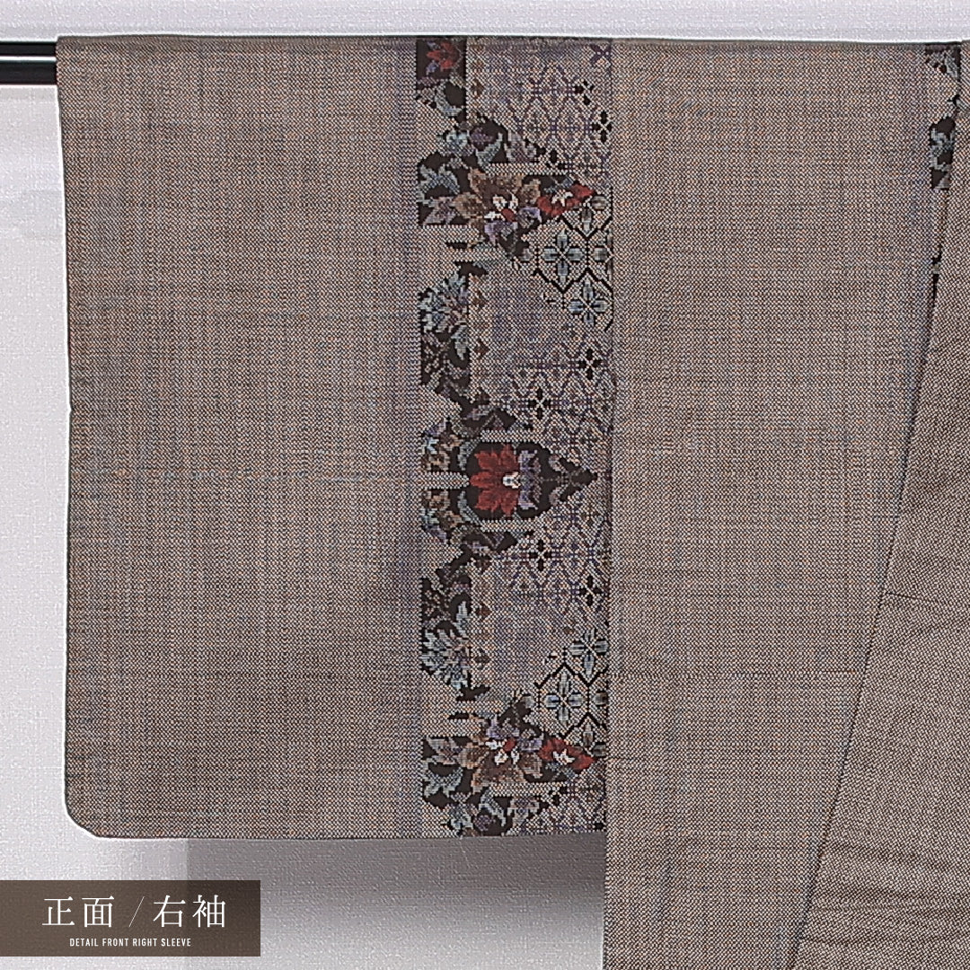 大島紬 袷 身丈155cm 裄丈64cm 正絹 Sランク インフォーマル 広衿 Mサイズ 経緯絣 花柄 花菱亀甲 茶系 M4 1223-11175