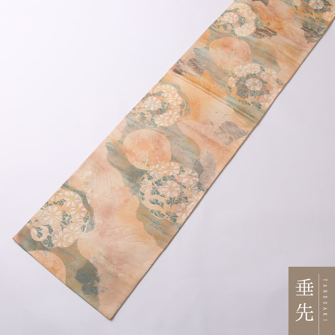 袋帯 帯丈408cm 正絹 六通 セミフォーマル 秋草文 丸文 クリーム系 朱系 1243-01557