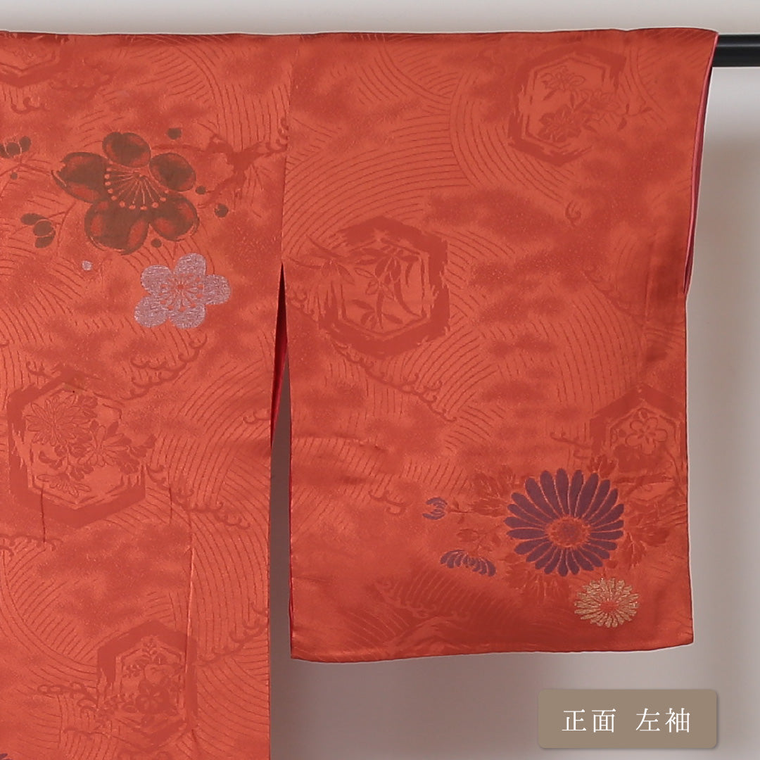 アンティーク 小紋 袷 身丈148cm 裄64.5cm 朱系 花柄 正絹 Bランク 1215-01500-4116