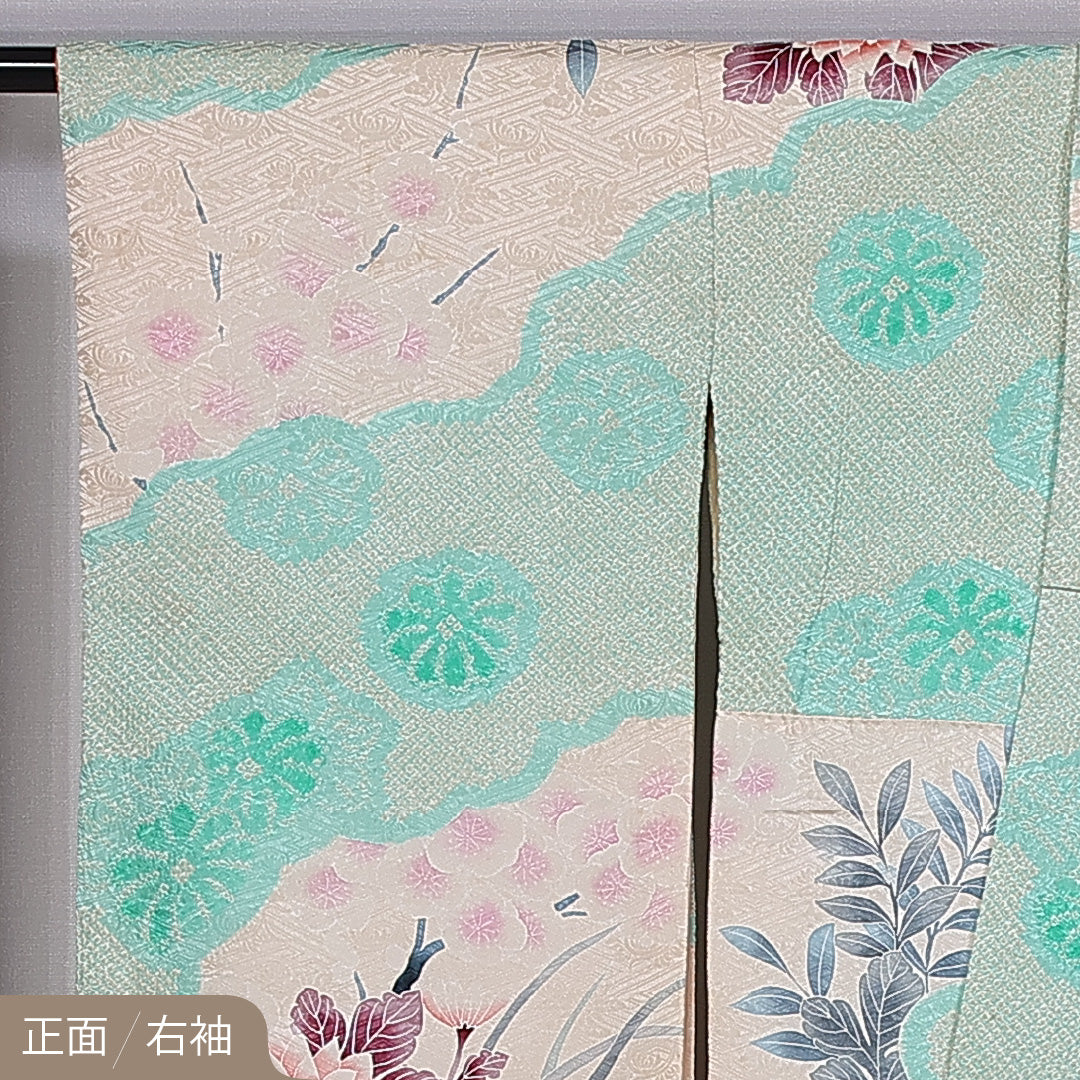 振袖 身丈166cm 裄丈67.5cm 袷 正絹 Cランク 広衿 絞り 牡丹 桔梗 菊 1213-F0398