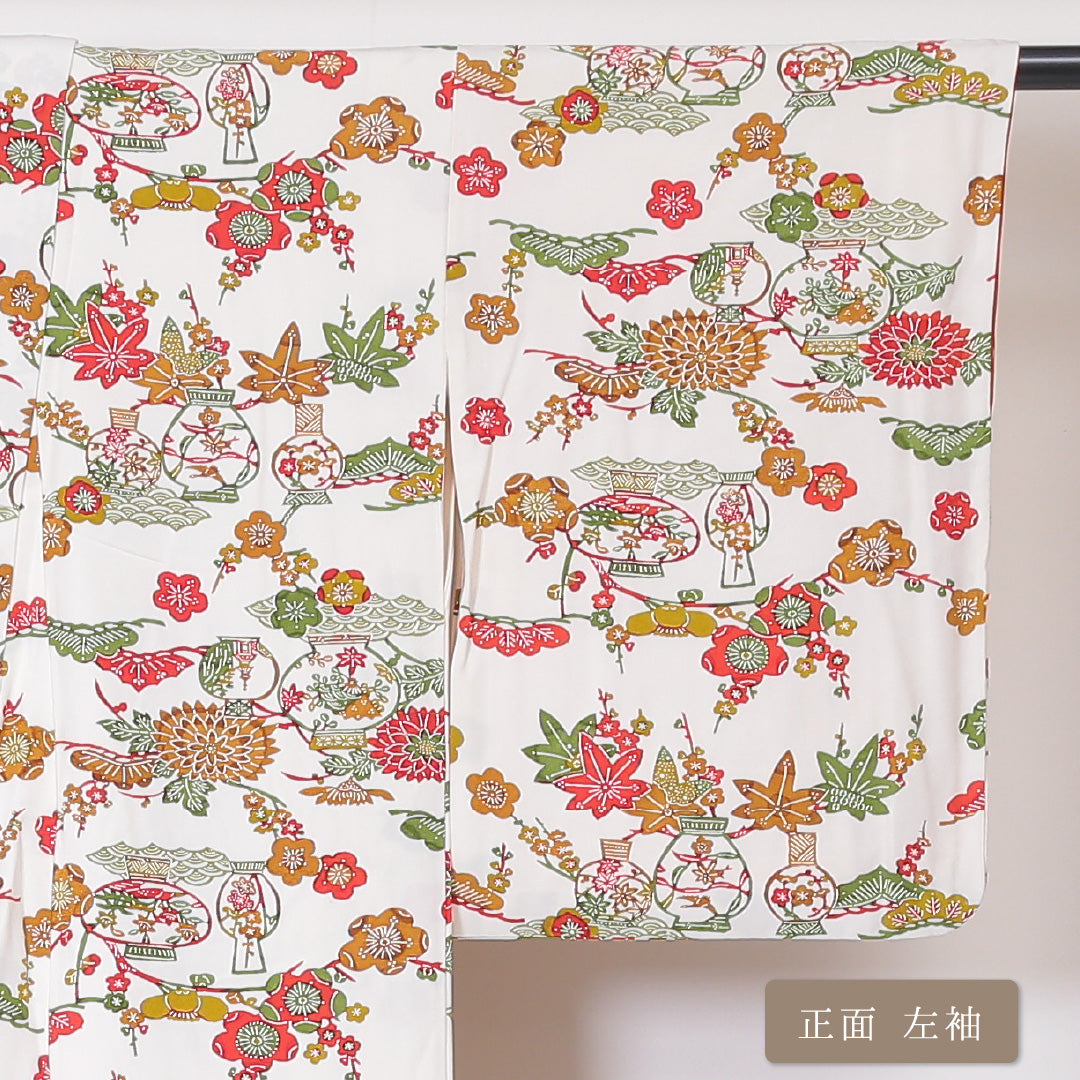 小紋 袷 身丈154cm 裄丈62cm 正絹 Bランク Sサイズ バチ衿 インフォーマル 紅型 花柄 白系 1215-01856