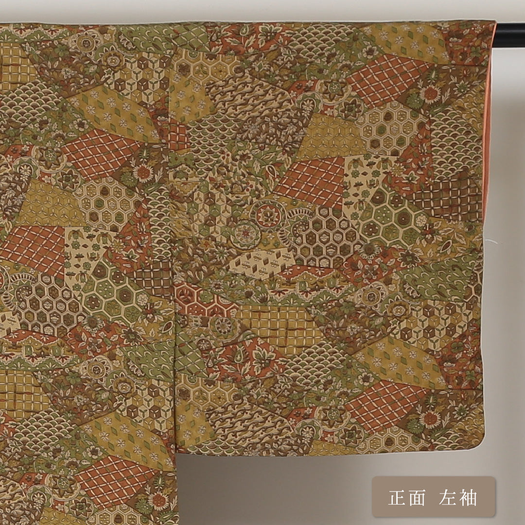 小紋 袷 身丈148cm 裄丈63cm 正絹 Aランク インフォーマル 広衿 XSサイズ 更紗 創作柄 茶系 HP 1221-01611