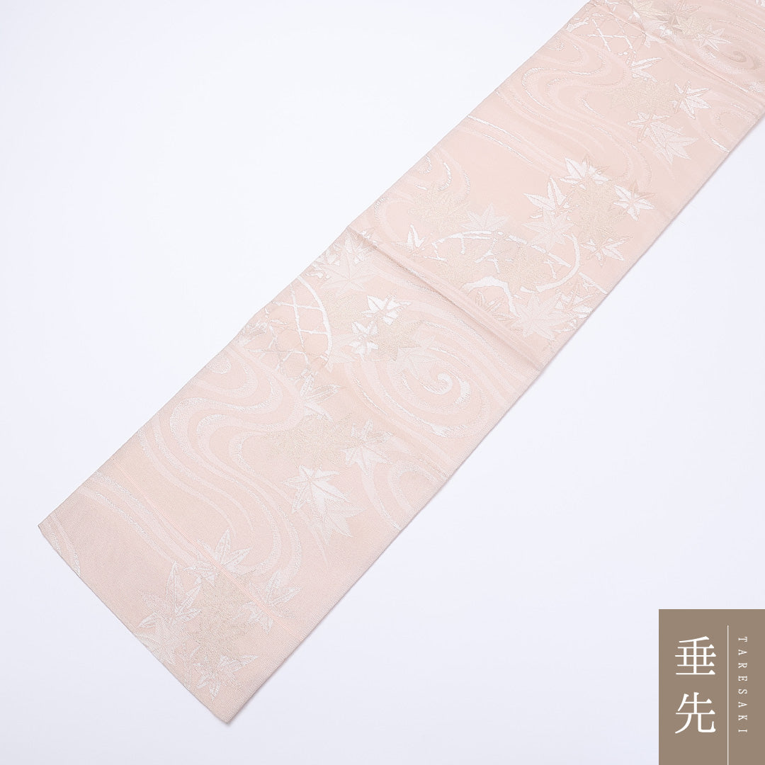 袋帯 夏帯 帯丈424cm 六通 紗 流水 紅葉 セミフォーマル ピンク系 正絹 Aランク 1223-00926