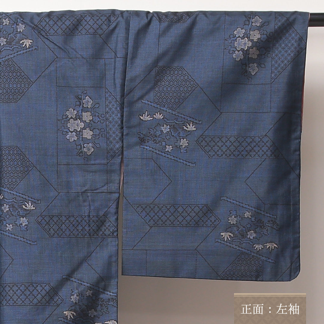 大島紬 袷 身丈164cm 裄65cm 正絹 矢絣 花柄 紺系 Aランク 1216-01055