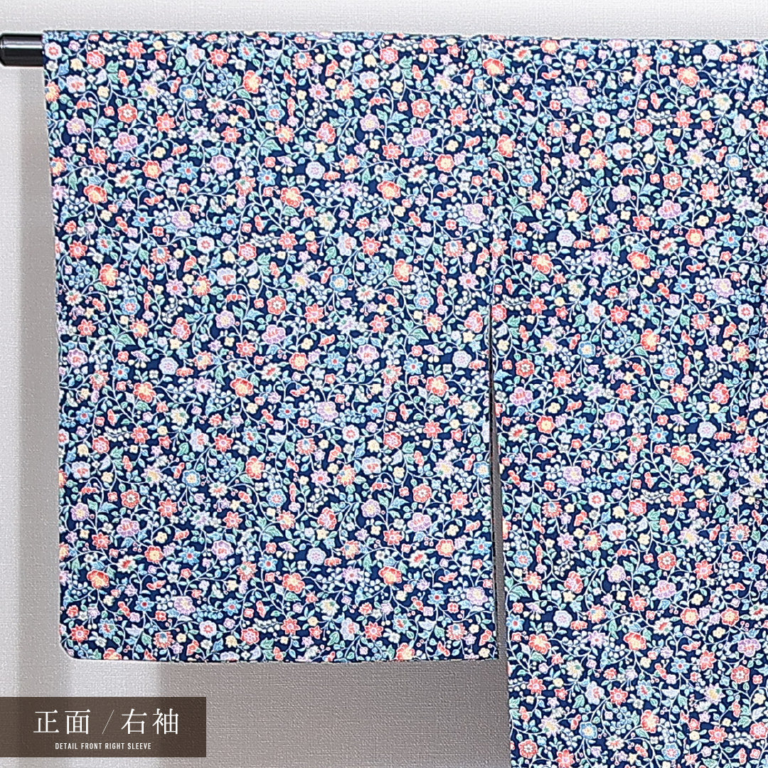 洗える着物 小紋 袷 身丈160cm 裄丈65cm ポリエステル Sランク インフォーマル 広衿 Lサイズ 花柄 紺系 RP 1221-14921