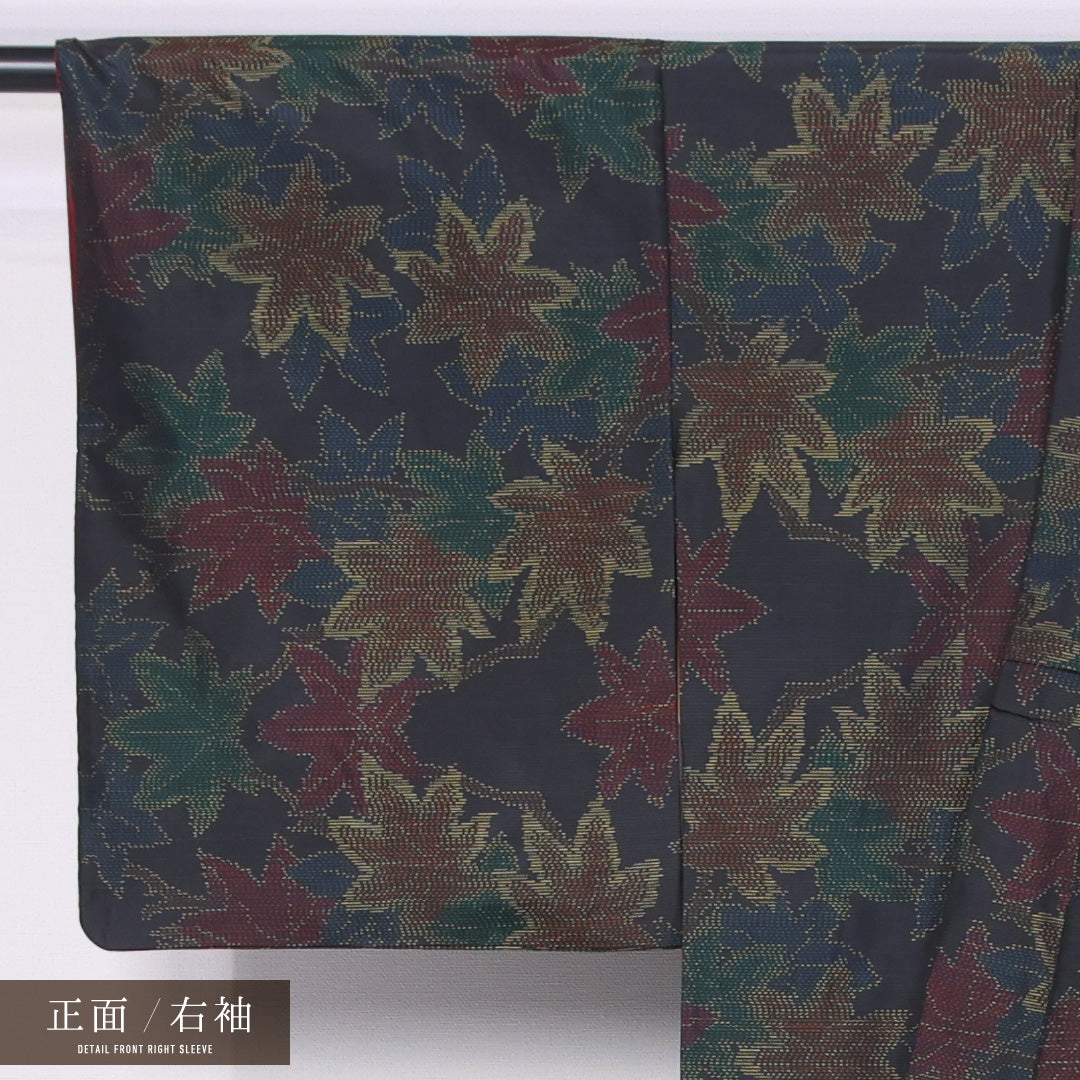 大島紬 袷 身丈161cm 裄丈63cm 正絹 Sランク インフォーマル バチ衿 Lサイズ 紅葉 黒系 M4 1223-11465