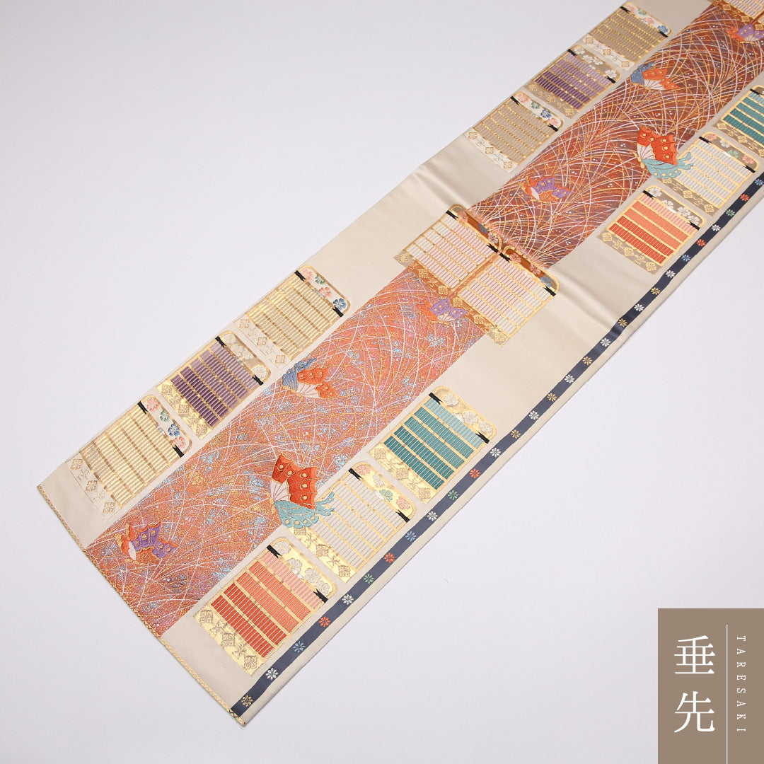 振袖用 袋帯 帯丈420cm 正絹 六通 縅毛 蝶 クリーム系 1243-01043
