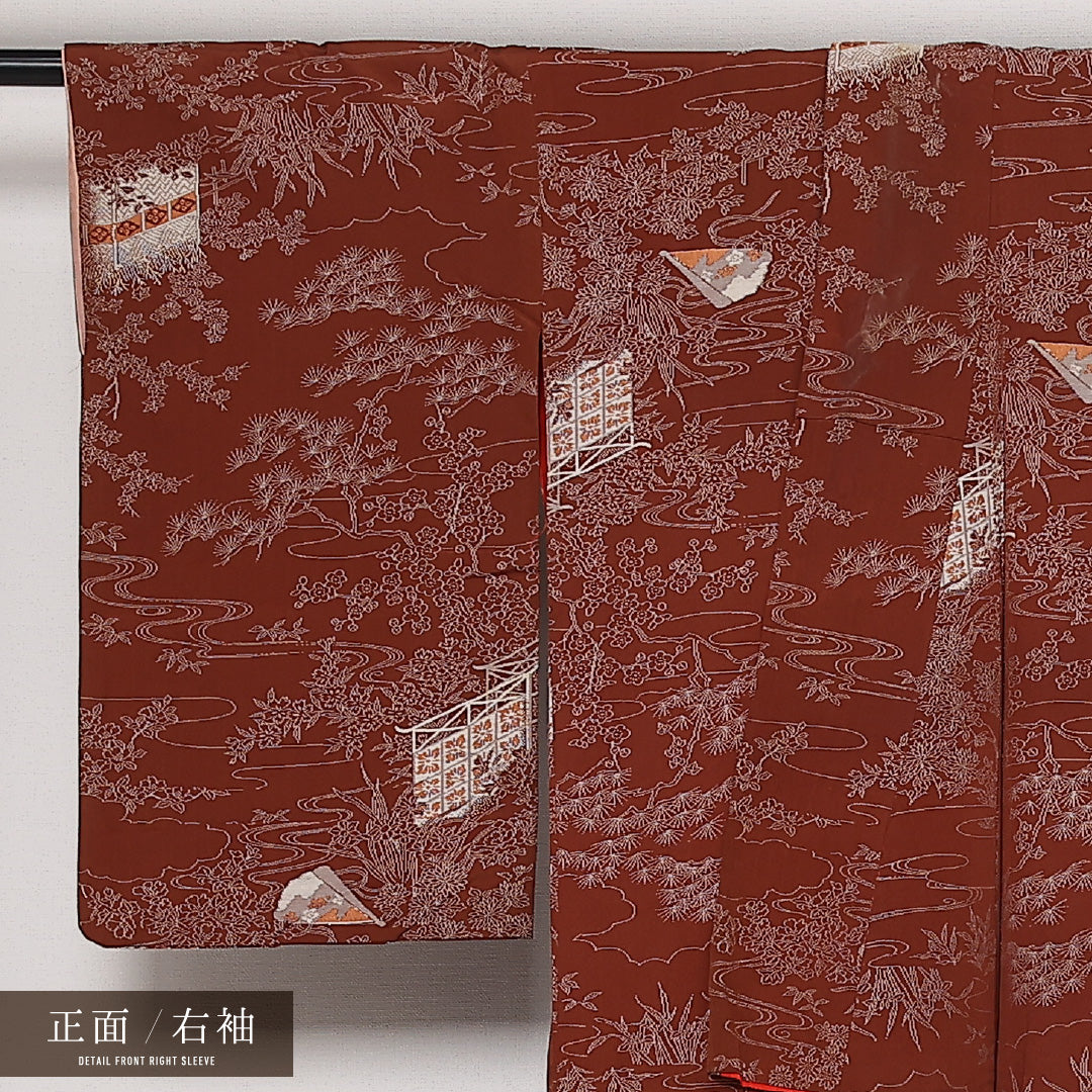アンティーク お召 袷 身丈146cm 裄丈61cm 正絹 Cランク 広衿 XSサイズ 流水 松 茶系 RP 1222-13622