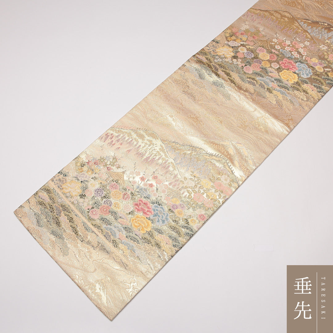 袋帯 帯丈436cm 正絹 六通 フォーマル 寺社 四季山野 金系 1243-01276