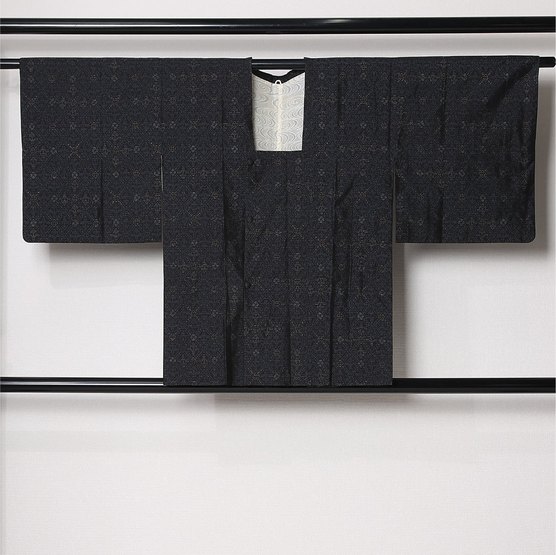 道行コート (大島紬) 袷 身丈79cm 裄丈63cm 正絹 Aランク インフォーマル Sサイズ 菱 紺系 RP 1237-12912