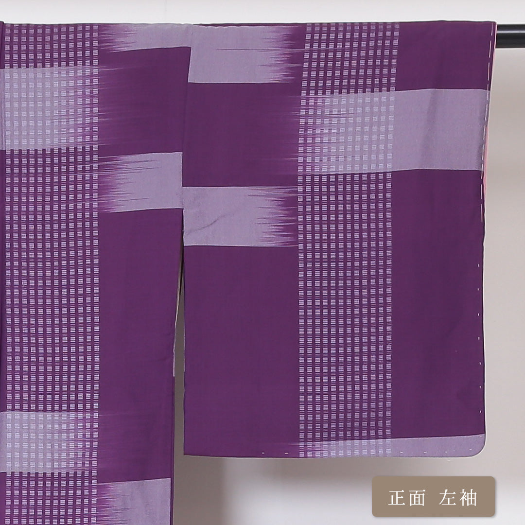 アンティーク 袷 身丈143cm 裄61cm 正絹 紫系 Aランク お召 市松 1216-00745