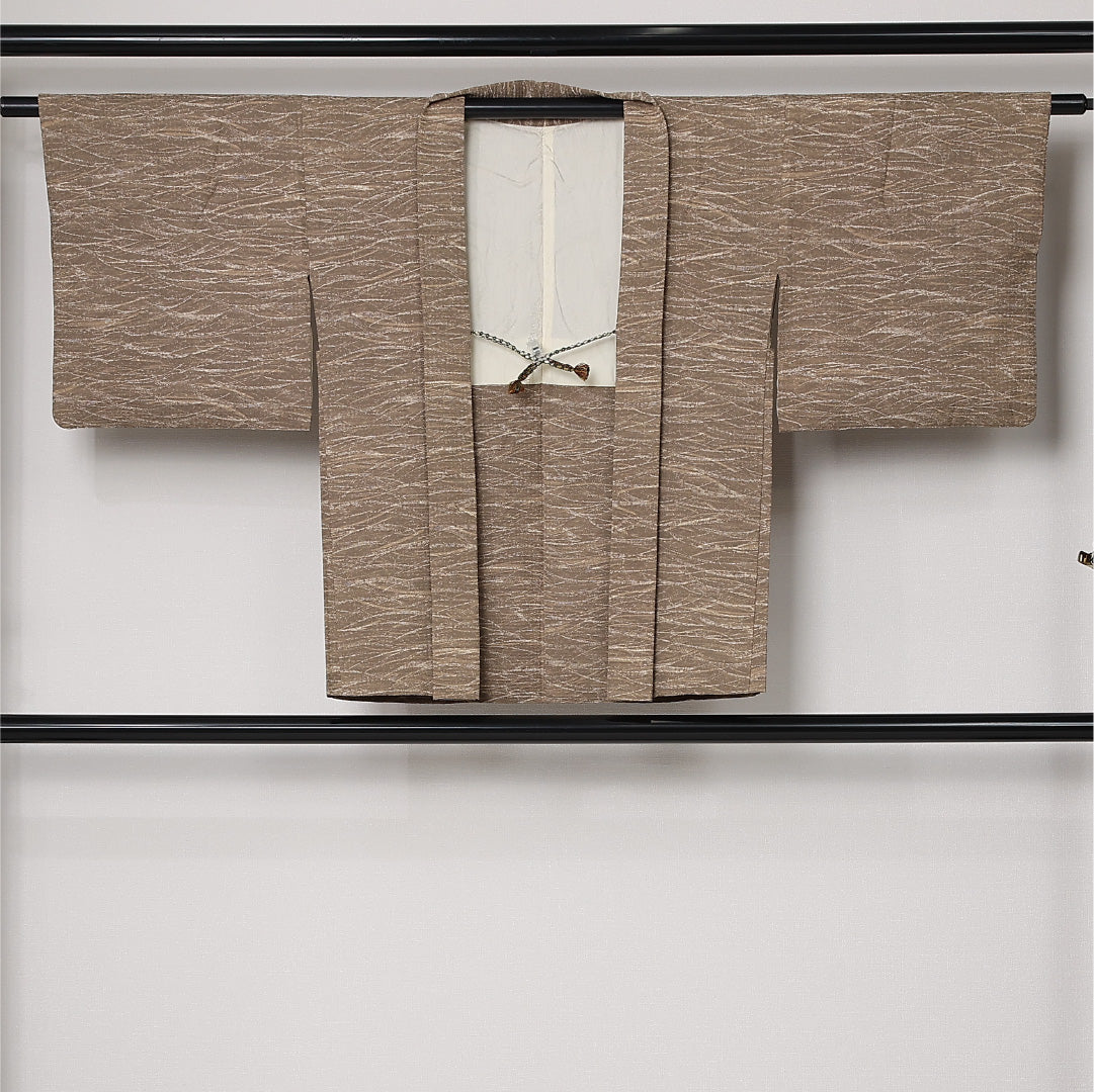 羽織 袷 身丈75cm 裄丈61cm 正絹 Sランク カジュアル Sサイズ 紐あり 芝草 茶系 RP 1232-12719