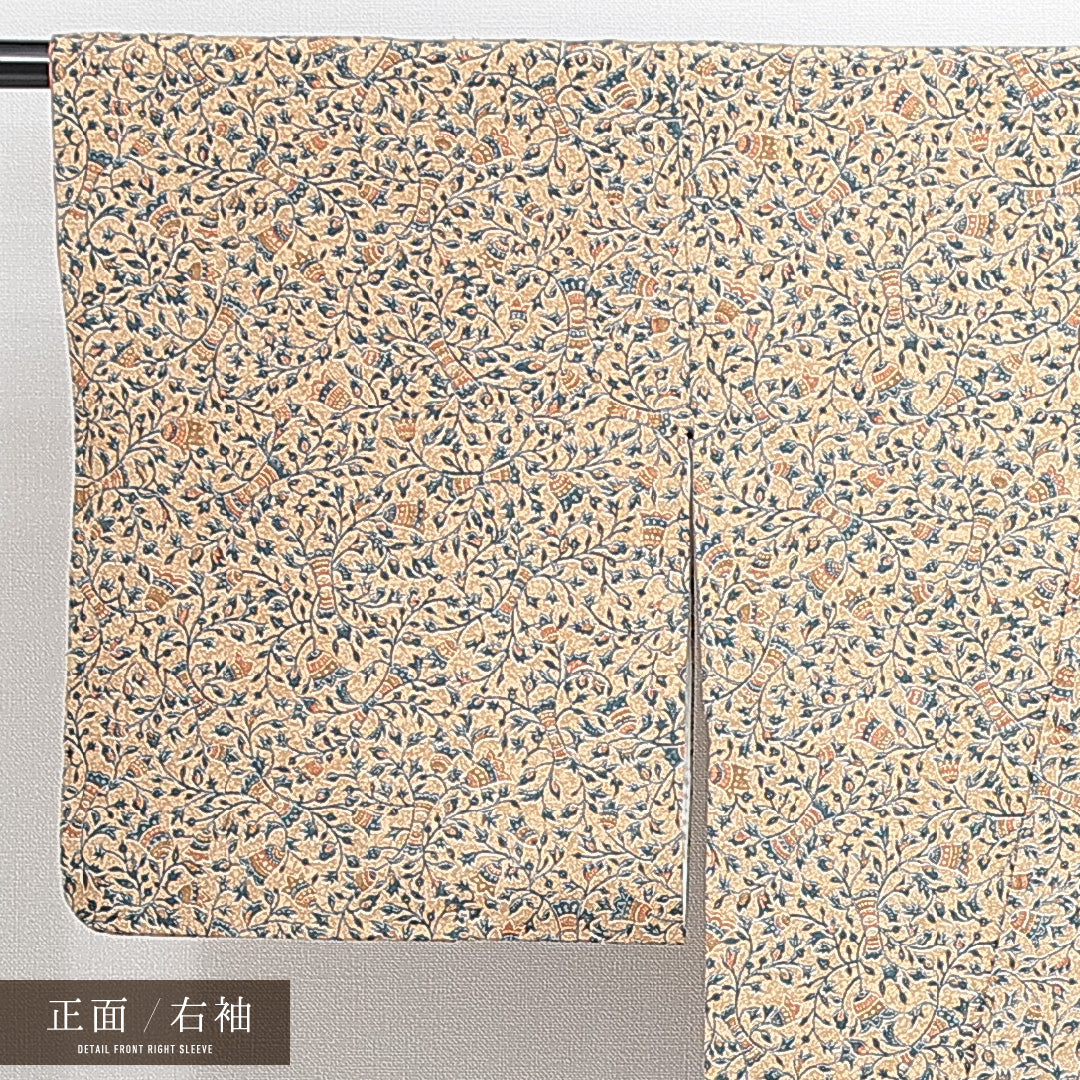 小紋 袷 身丈157cm 裄丈64cm 正絹 Sランク インフォーマル 広衿 Mサイズ 唐草 植物柄 ベージュ系 RP 1221-14865