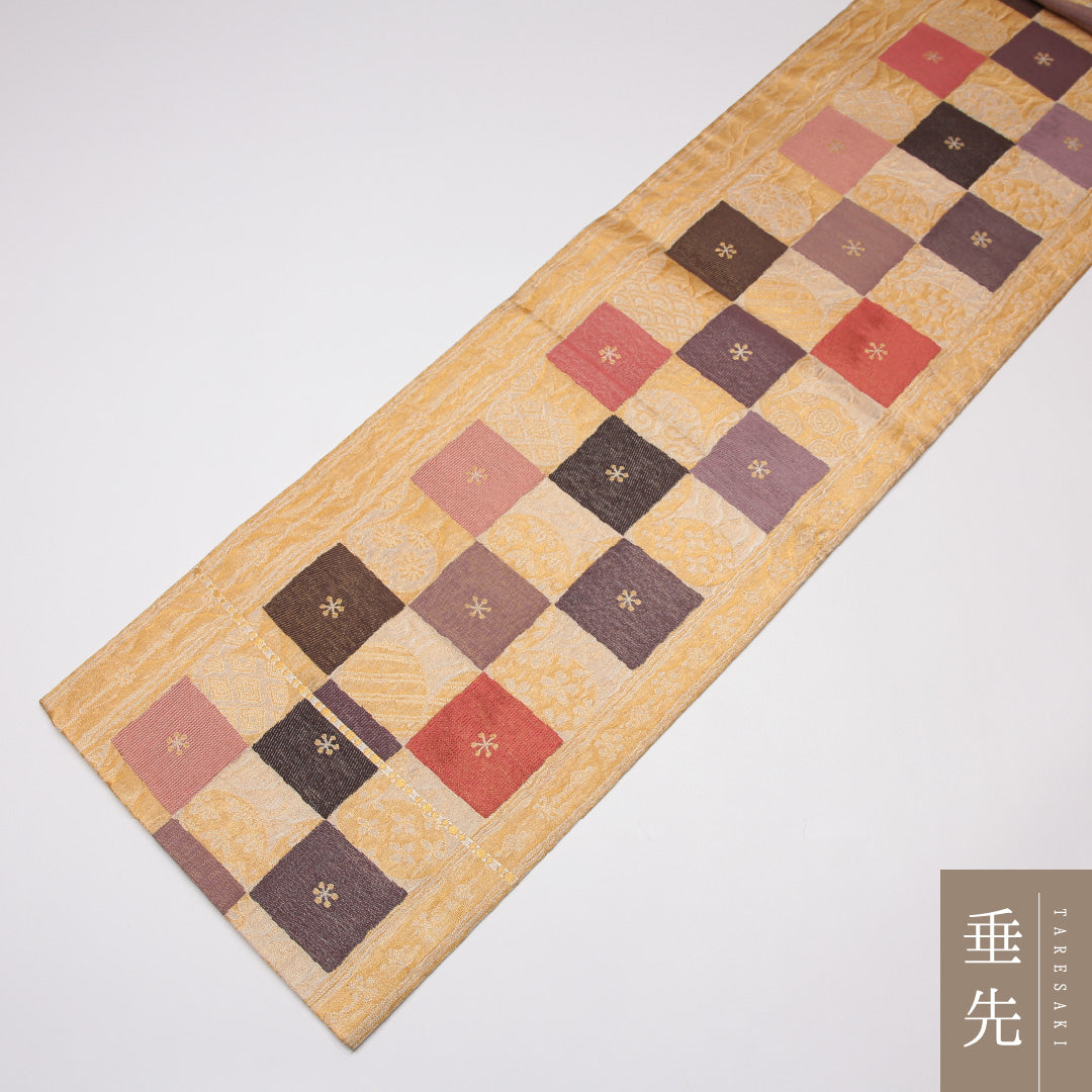 袋帯 帯丈444cm 正絹 六通 セミフォーマル 市松 丸文 金系 1243-01259