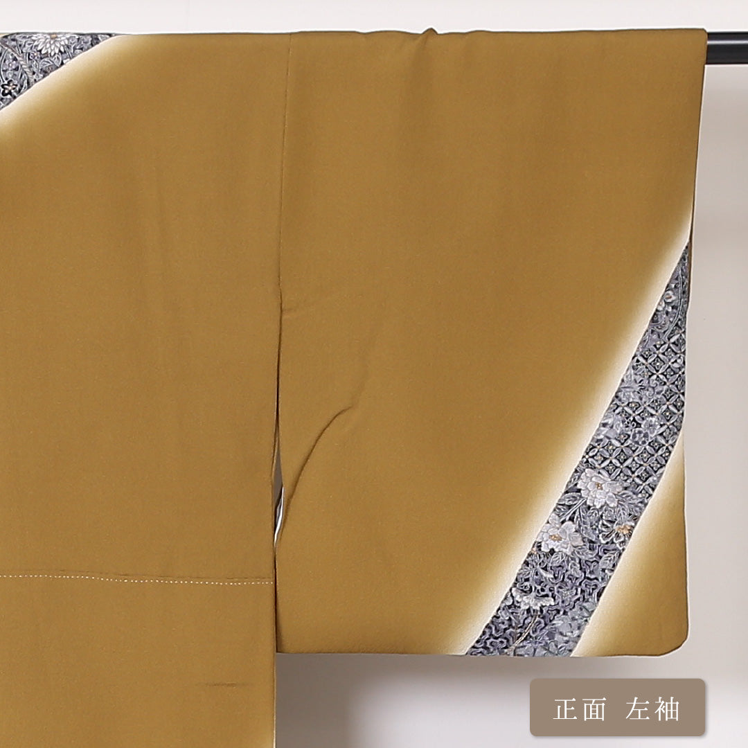 訪問着 袷 身丈163cm 裄丈65cm 正絹 賢三 Sランク Lサイズ 広衿 セミフォーマル 唐草華文 牡丹 蘇州刺繍 作家物 落款 茶系 黄系 1212-04473