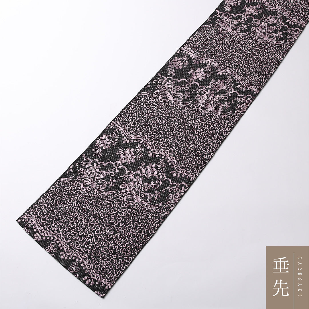 八寸 名古屋帯 帯丈386cm 松葉仕立て 全通 Sランク カジュアル ポリエステル 葡萄 上品 華やか 黒系 ピンク系 1224-02767