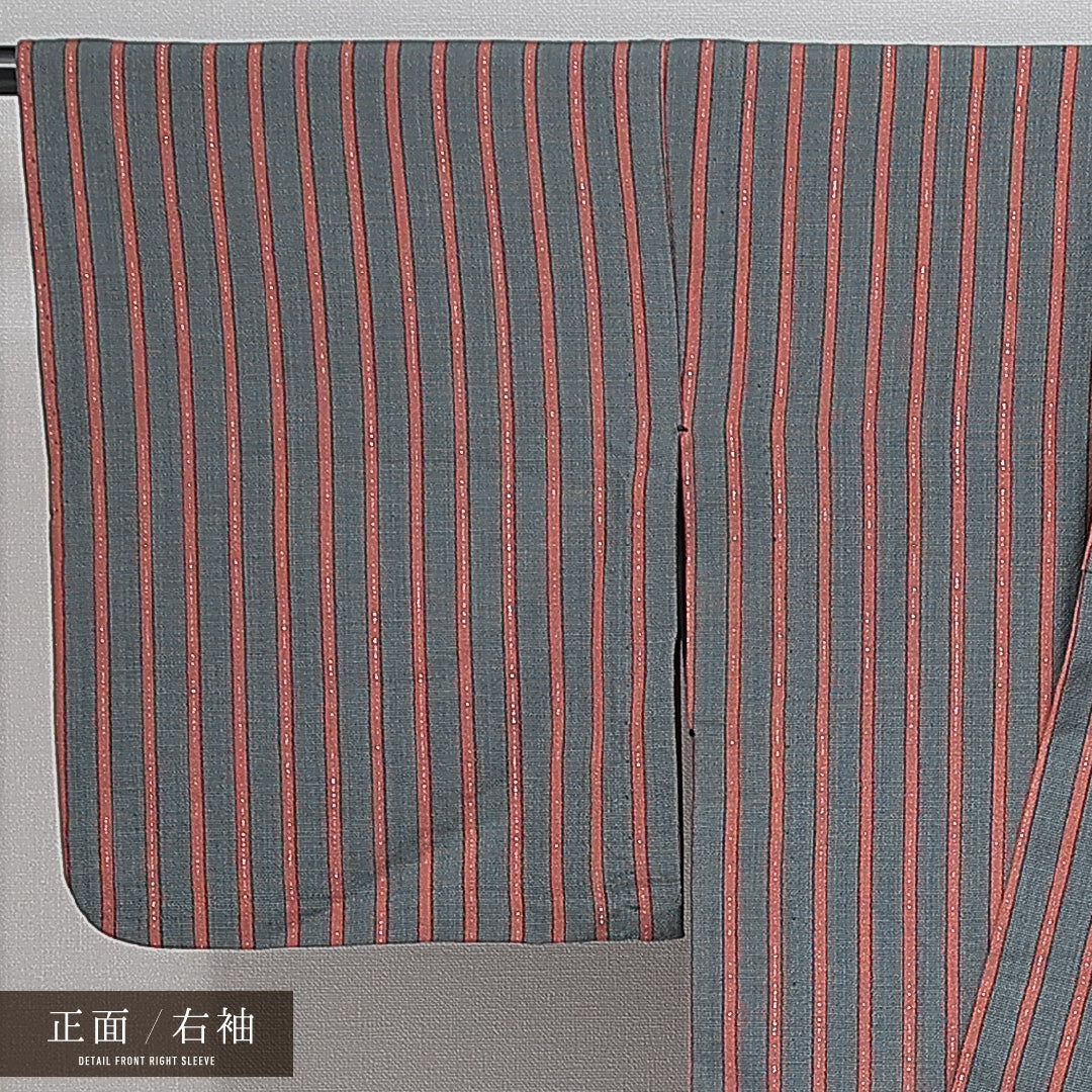 洗える着物 ウールの紬 単衣 身丈144cm 裄丈63cm ウール Aランク カジュアル バチ衿 XSサイズ 居敷当て 肩当て 縞 グレー系 HP 1223-14780