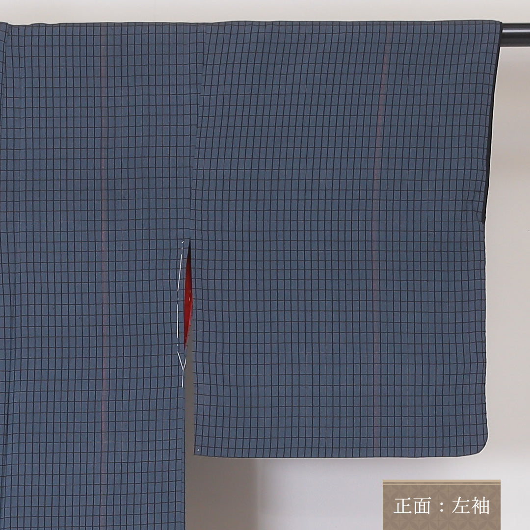 紬 袷 身丈151cm 裄丈62cm 正絹 Sランク Sサイズ バチ衿 カジュアル 格子 グレー系 1216-02077
